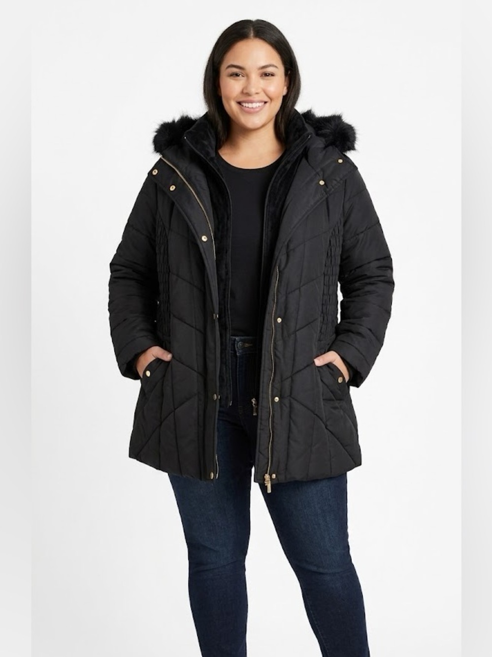 Susan Graver NWT Black Faux Fur Puffer Parka Winter Jacket Coat Size 2X
